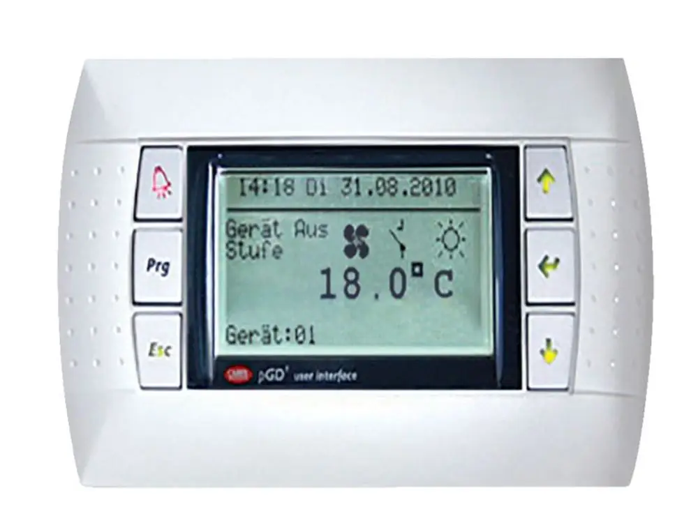 STIEBEL ELTRON Steuerung ZVRL-C CU für dezentrales Lüftungsgerät, 204144. Digitalanzeige mit Temperatur 18.0°C, Datum 31.08.2010, Uhrzeit 14:18. Tasten für Alarm, Programm, Escape, Pfeil hoch, links und runter.
